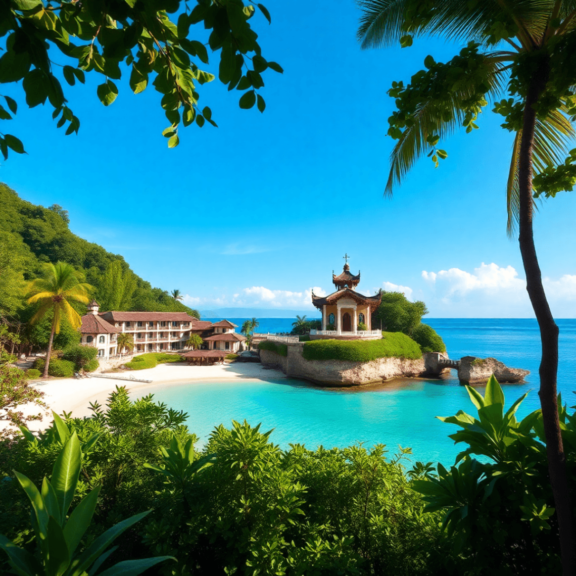 A picturesque beach scene in Thailand with a luxurious clifftop wedding chapel, clear blue waters, lush greenery, and a romantic ambiance perfect f...