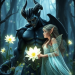 A powerful demon and a delicate elf stand together in a mystical forest, surrounded by glowing flowers and shimmering light, symbolizing their unli...