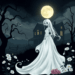 A whimsical, gothic landscape with a dark moonlit sky, twisted trees, and a vintage Victorian house. An ethereal bride in a flowing gown surrounded...