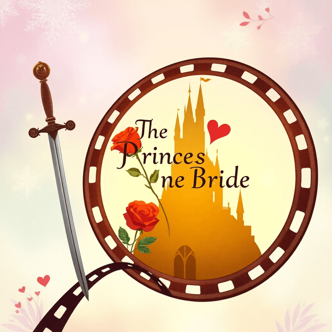 A whimsical illustration of a vintage film reel surrounded by a sword, a rose, and a castle silhouette, set against a magical, softly colored backg...