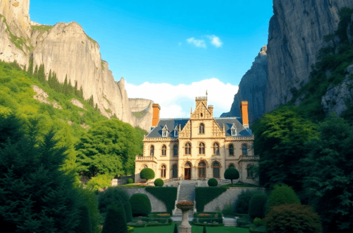 A majestic medieval manor surrounded by lush gardens, dramatic cliffs in the background, and a clear blue sky, creating a fairy tale landscape.