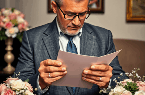 A middle-aged man gazes thoughtfully at a wedding invitation, surrounded by flowers and rings, capturing the emotional journey of a father letting ...