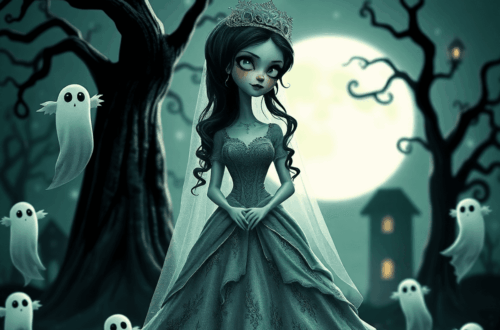 A whimsical Victorian-era scene with a stylized animated bride in a tattered wedding dress, surrounded by ghostly elements, twisted trees, and a mo...