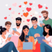 Adults using a sleek dating app on smartphones and laptops, surrounded by chat bubbles, hearts, and connection symbols in a vibrant digital setting.