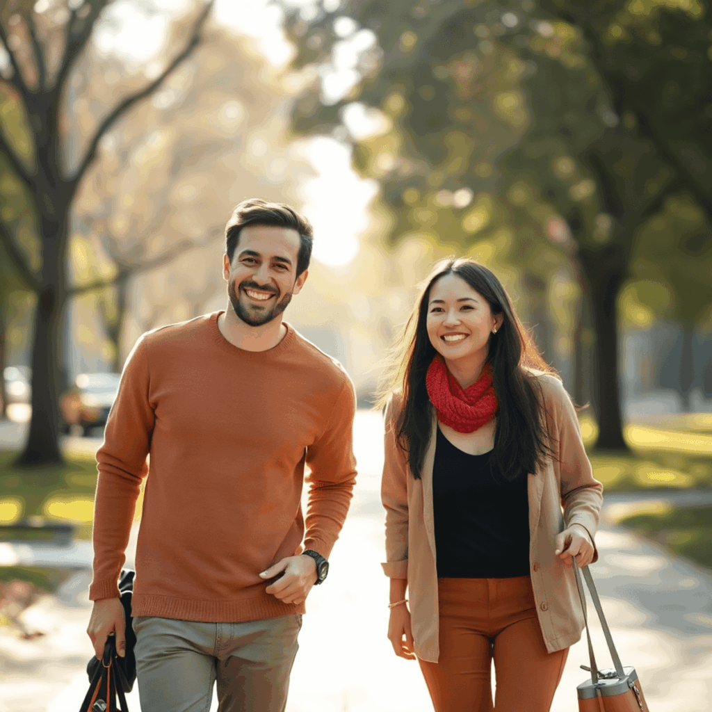 A smiling couple walking hand in hand in a sunlit park with soft light and an abstract background symbolizing unity and connection.