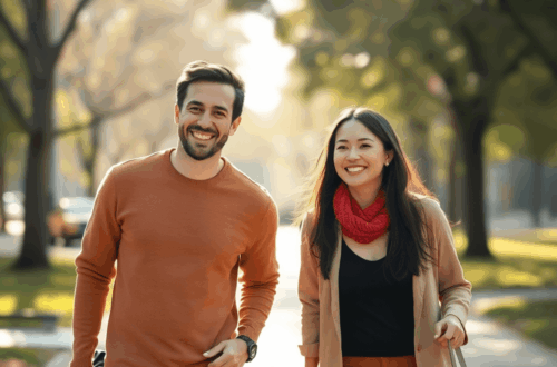 A smiling couple walking hand in hand in a sunlit park with soft light and an abstract background symbolizing unity and connection.