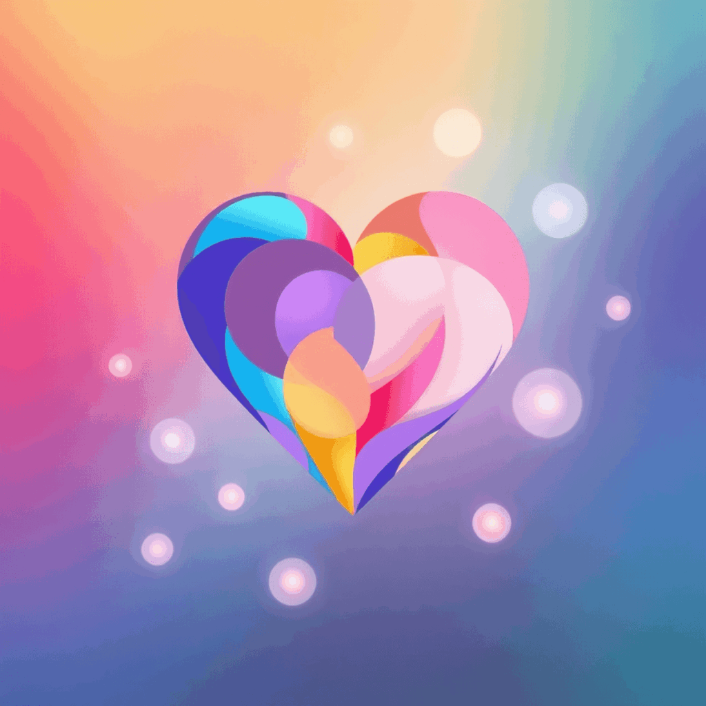 Abstract heart with overlapping rainbow and pastel shades surrounded by glowing orbs on a warm gradient background symbolizing LGBTQ+ dating divers...