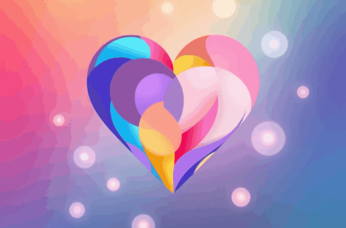 Abstract heart with overlapping rainbow and pastel shades surrounded by glowing orbs on a warm gradient background symbolizing LGBTQ+ dating divers...