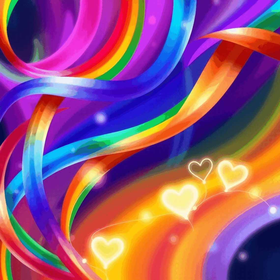 Colorful abstract background with intertwined rainbow ribbons, subtle hearts, and glowing lines symbolizing love, connection, and community.