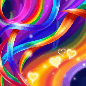 Colorful abstract background with intertwined rainbow ribbons, subtle hearts, and glowing lines symbolizing love, connection, and community.