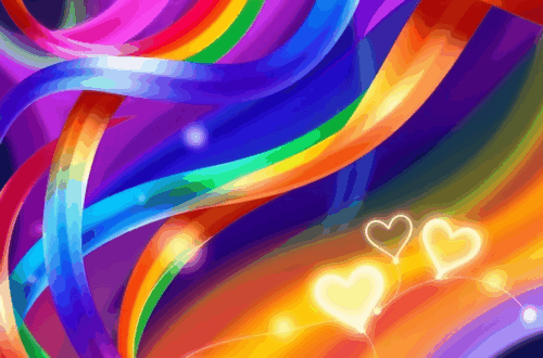 Colorful abstract background with intertwined rainbow ribbons, subtle hearts, and glowing lines symbolizing love, connection, and community.