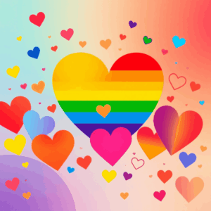 Colorful abstract illustration with rainbow hearts and interconnected symbols of love and community on a warm gradient background.