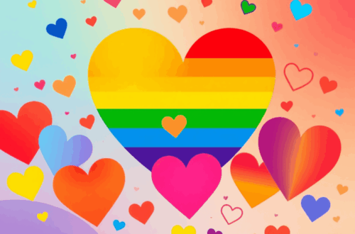 Colorful abstract illustration with rainbow hearts and interconnected symbols of love and community on a warm gradient background.