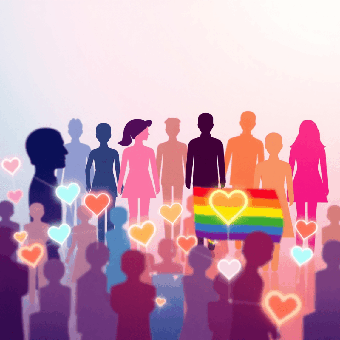 Colorful digital art showing rainbow hues, abstract figures of diverse gender identities, and glowing hearts linked to symbolize LGBTQ community an...