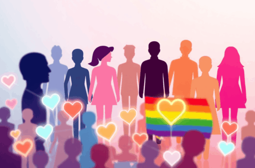 Colorful digital art showing rainbow hues, abstract figures of diverse gender identities, and glowing hearts linked to symbolize LGBTQ community an...