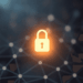 Glowing padlock icon above blurred abstract network connections with warm tones, symbolizing digital disconnection and privacy in minimalist style.