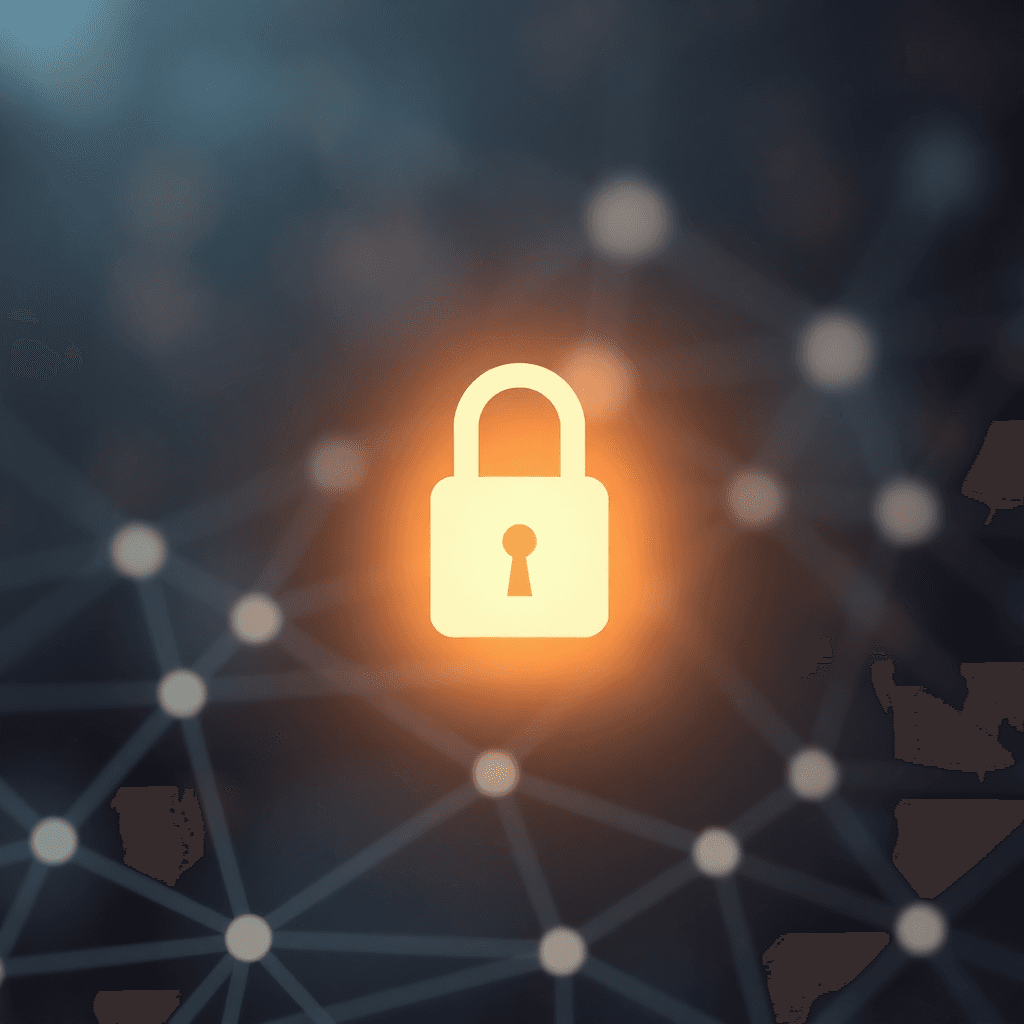 Glowing padlock icon above blurred abstract network connections with warm tones, symbolizing digital disconnection and privacy in minimalist style.