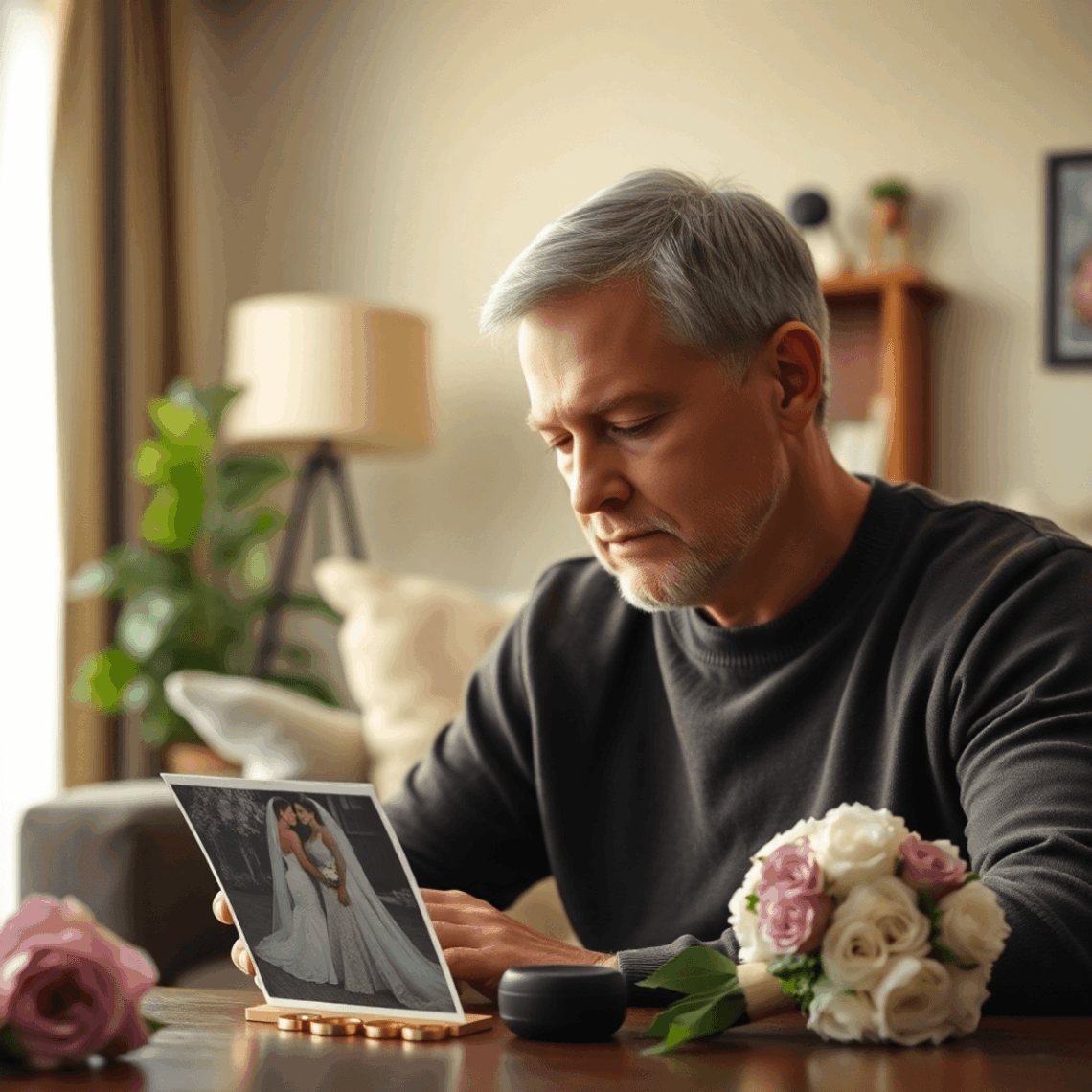 Middle-aged man in cozy living room, softly lit, gazing thoughtfully at wedding rings on a table, evoking family bonds and emotional reflection.
