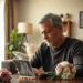 Middle-aged man in cozy living room, softly lit, gazing thoughtfully at wedding rings on a table, evoking family bonds and emotional reflection.