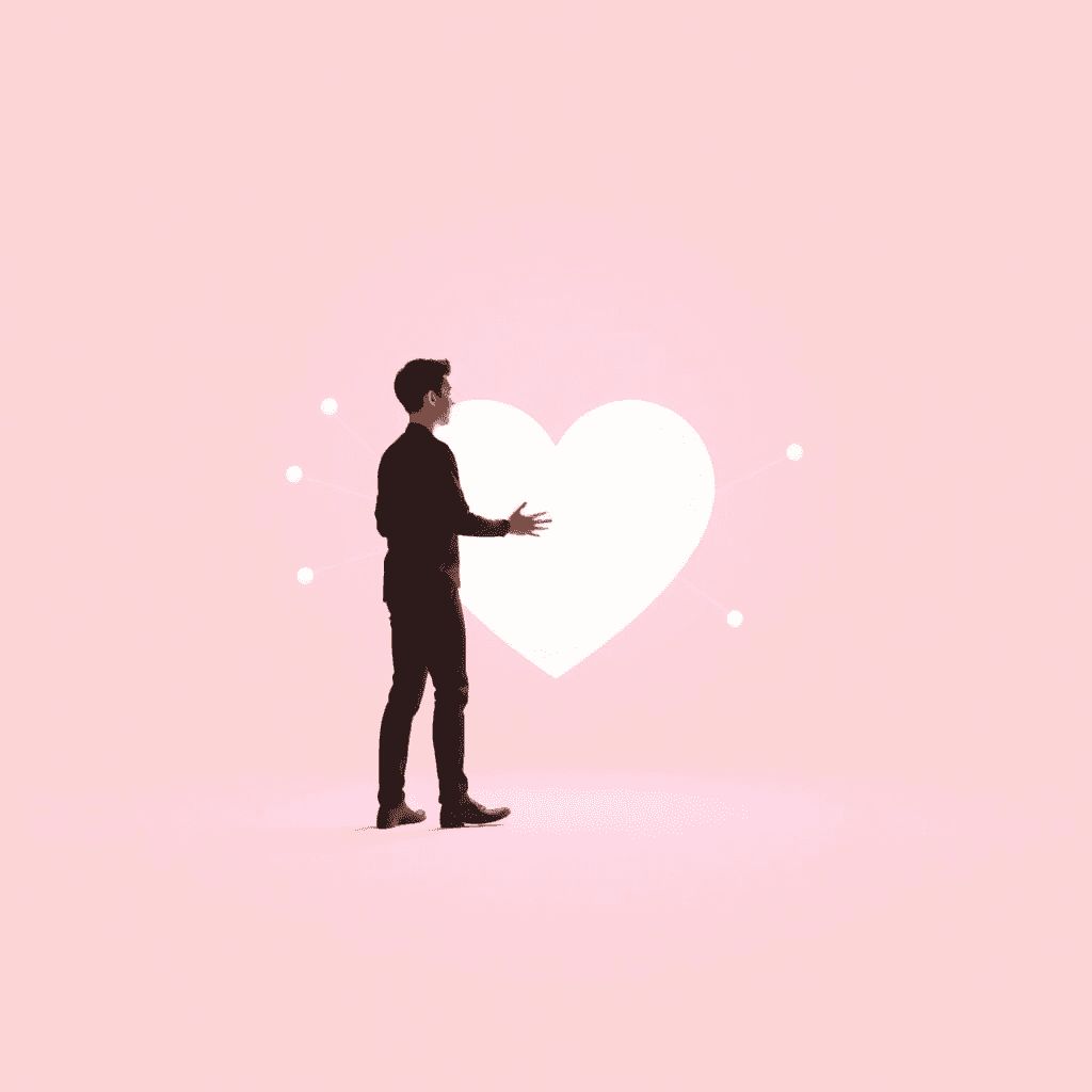 Person stepping away from glowing digital heart with network lines on soft neutral background, symbolizing ending online dating subscription.
