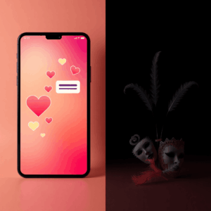 Split-screen minimalist image: vibrant dating app interface with hearts and chat bubbles on one side; edgy silhouettes with masks and feathers on d...