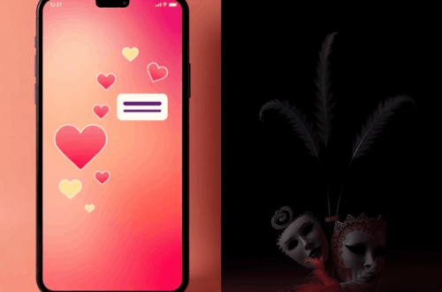 Split-screen minimalist image: vibrant dating app interface with hearts and chat bubbles on one side; edgy silhouettes with masks and feathers on d...
