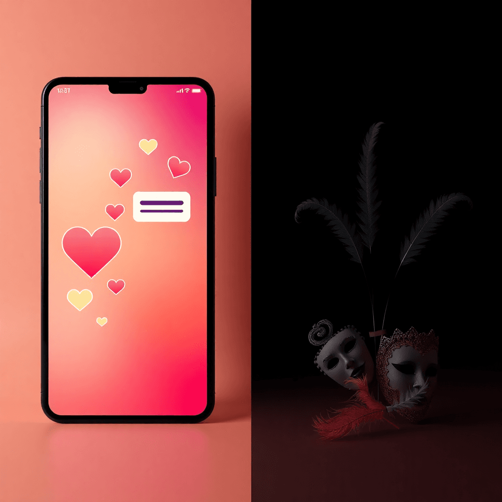 Split-screen minimalist image: vibrant dating app interface with hearts and chat bubbles on one side; edgy silhouettes with masks and feathers on d...
