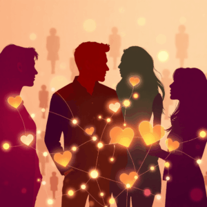 Abstract digital collage of diverse silhouettes connected by glowing lines and nodes, with warm colors and subtle heart and chat bubble shapes symb...