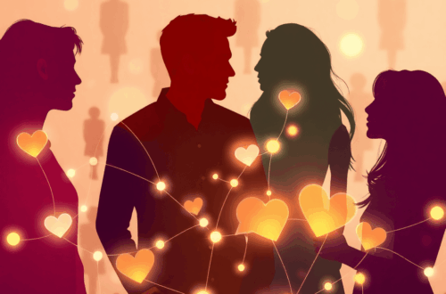 Abstract digital collage of diverse silhouettes connected by glowing lines and nodes, with warm colors and subtle heart and chat bubble shapes symb...