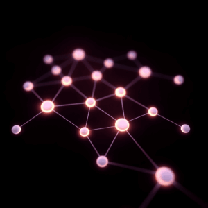 Abstract digital network with glowing nodes and smooth lines on a dark background, symbolizing online connections and privacy in adult online dating.