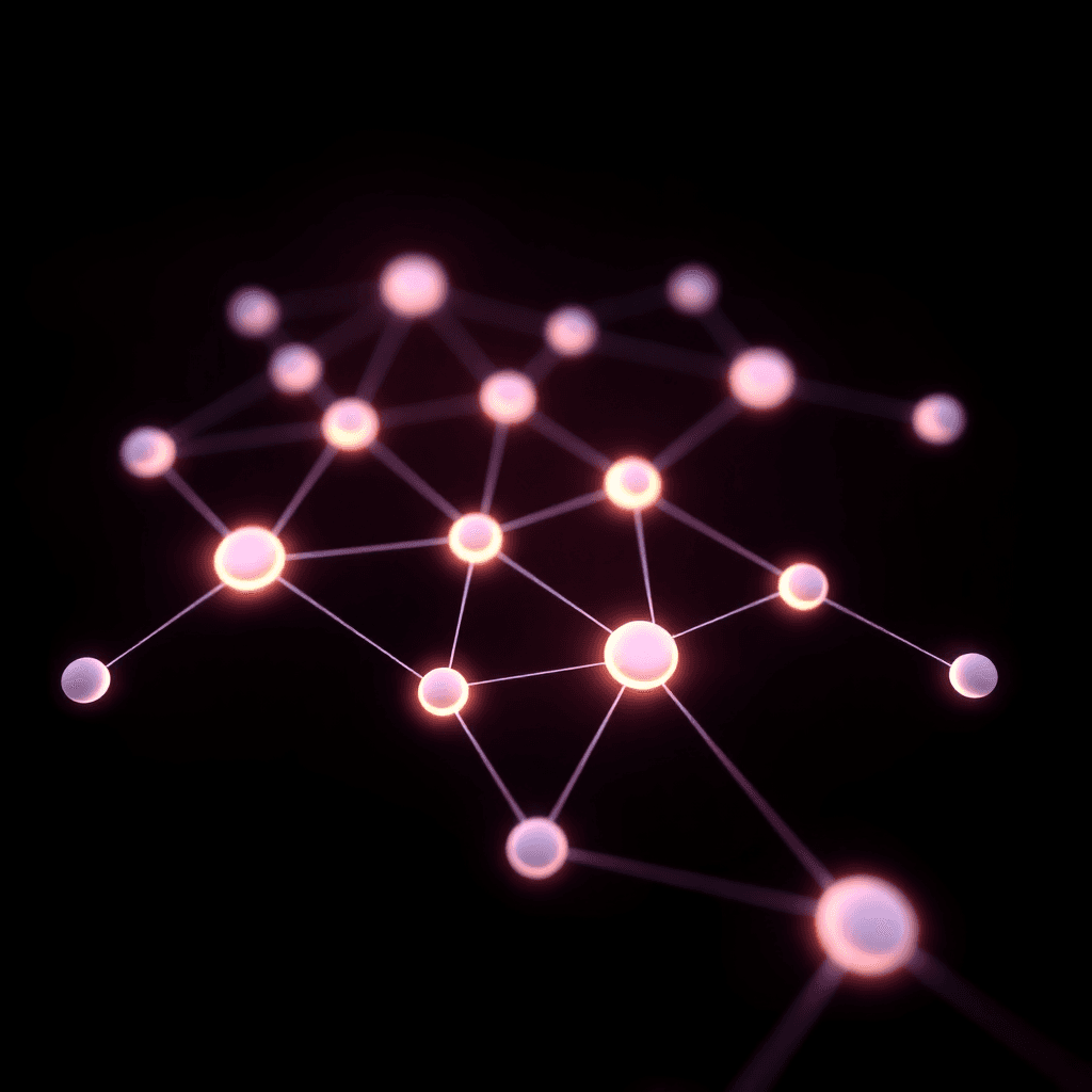 Abstract digital network with glowing nodes and smooth lines on a dark background, symbolizing online connections and privacy in adult online dating.