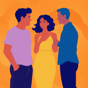 Abstract silhouettes of people interacting warmly against a glowing, flowing background symbolizing casual social connections.