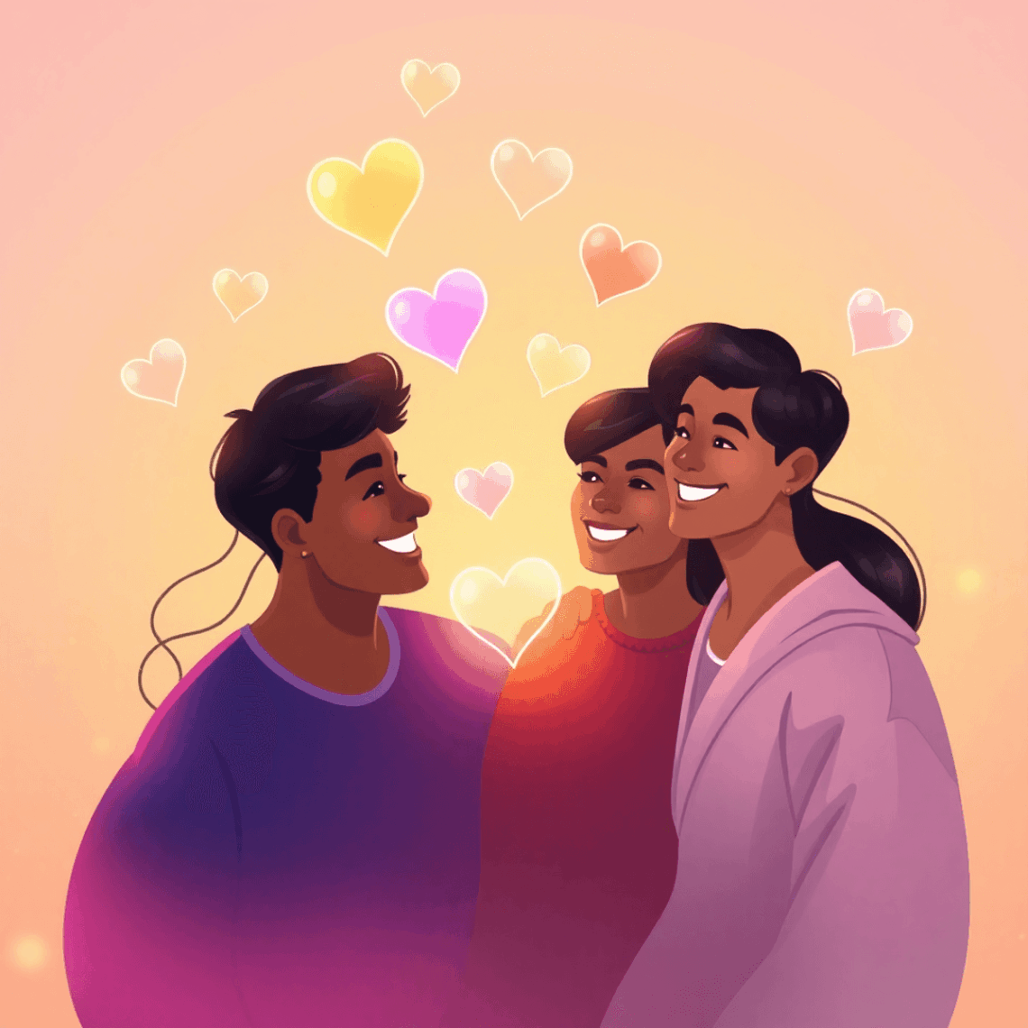 Colorful digital illustration of diverse people connected by glowing heart and chat icons against a warm background with subtle rainbow hues.