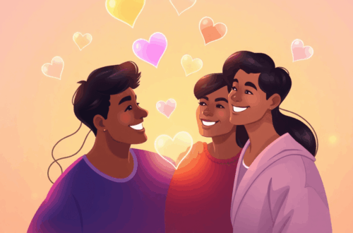 Colorful digital illustration of diverse people connected by glowing heart and chat icons against a warm background with subtle rainbow hues.