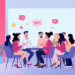 Digital illustration of adults chatting in a modern social setting with glowing network lines and chat bubbles symbolizing connection and communica...