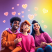 3D digital illustration of diverse teenagers smiling and interacting in a colorful virtual space with glowing hearts and connection lines, symboliz...
