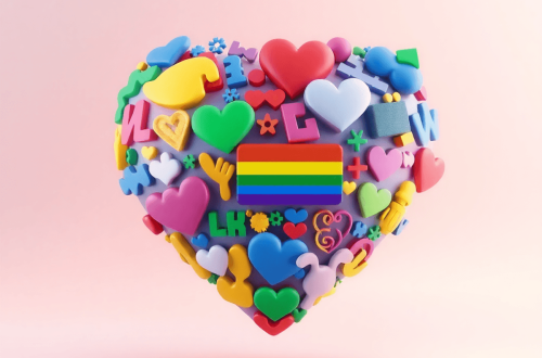 3D vibrant heart made of colorful abstract shapes and symbols on a soft gradient background with glowing effects, symbolizing inclusivity and moder...