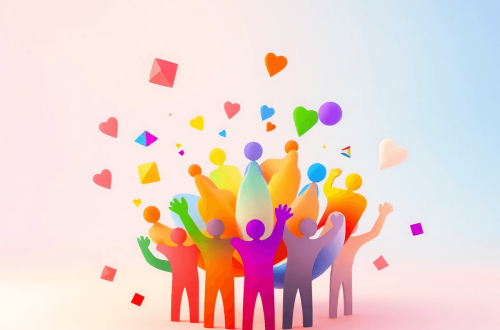 Abstract 3D illustration of colorful rainbow geometric shapes interconnected on a warm gradient background symbolizing unity and inclusivity.