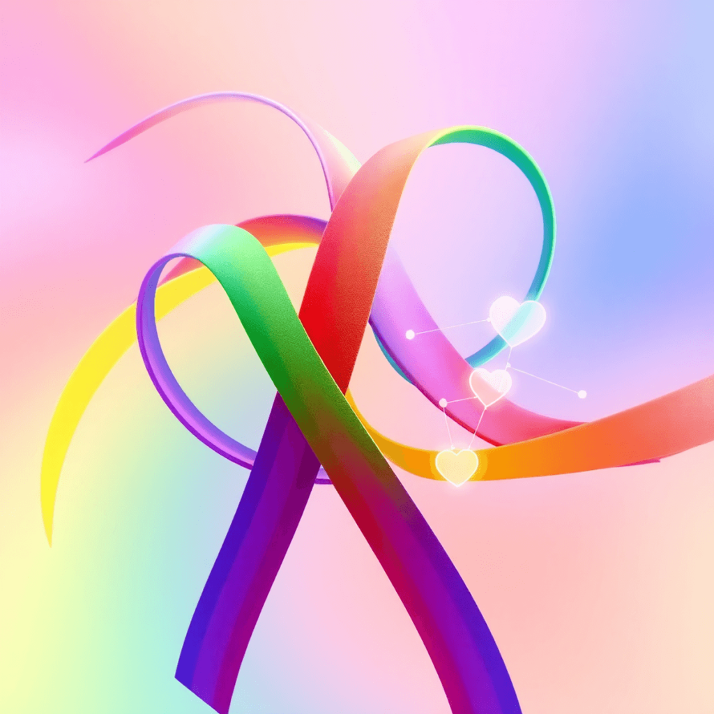 Colorful 3D abstract background with intertwined rainbow ribbons, glowing hearts, and connected nodes on a warm gradient symbolizing diversity and ...