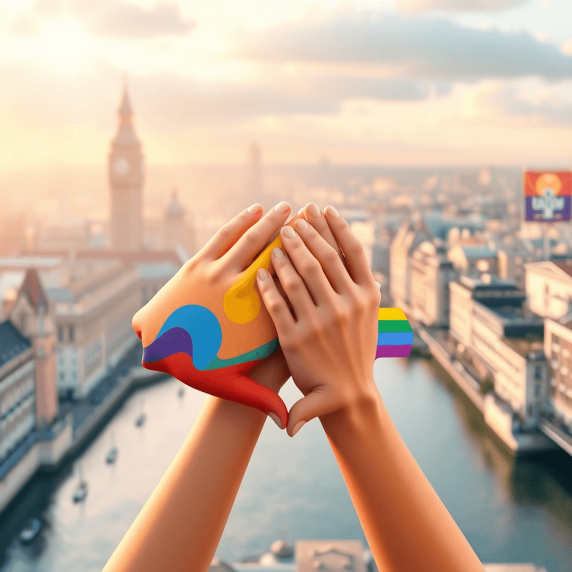 Colorful abstract 3D illustration of rainbow shapes and intertwined hands symbolizing LGBTQ+ unity, set against a softly lit UK cityscape background.