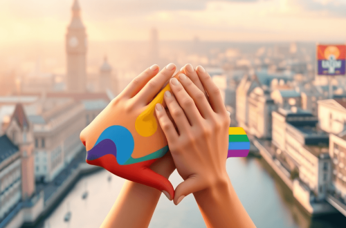 Colorful abstract 3D illustration of rainbow shapes and intertwined hands symbolizing LGBTQ+ unity, set against a softly lit UK cityscape background.