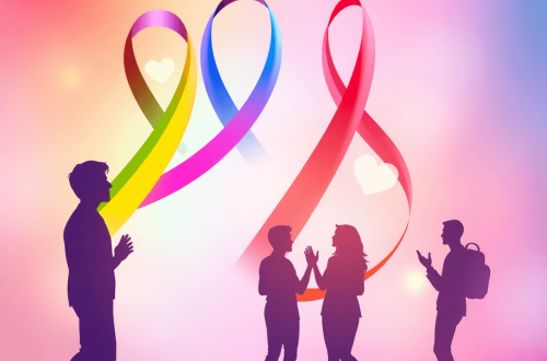Colorful abstract background with intertwined rainbow ribbons, glowing hearts, diverse people silhouettes, and a subtle Canadian maple leaf motif.