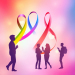Colorful abstract background with intertwined rainbow ribbons, glowing hearts, diverse people silhouettes, and a subtle Canadian maple leaf motif.