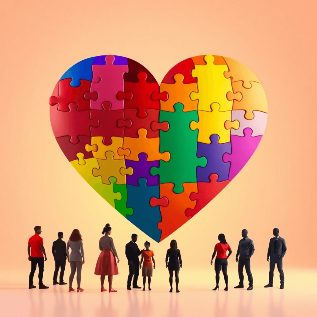 3D abstract heart made of rainbow puzzle pieces with subtle silhouettes of diverse people standing together on a warm background, symbolizing unity...