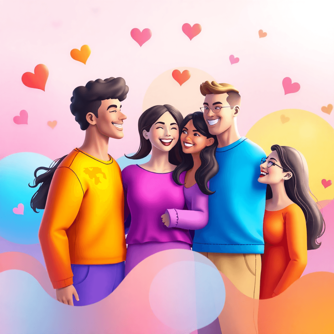 3D digital illustration of diverse LGBTQ+ individuals joyfully connecting in a colorful, abstract social network with rainbow hues and heart motifs...