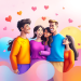 3D digital illustration of diverse LGBTQ+ individuals joyfully connecting in a colorful, abstract social network with rainbow hues and heart motifs...