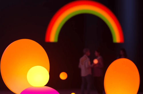 3D render of abstract rainbow shapes and glowing orbs with blurred silhouettes of people in a dark background, symbolizing connection, privacy, and...