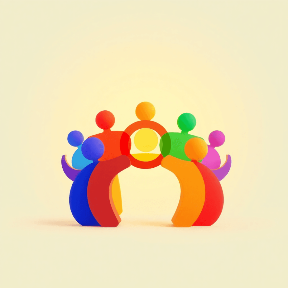 3D render of vibrant rainbow-colored shapes and overlapping circles symbolizing inclusivity and unity against a bright, warm background.