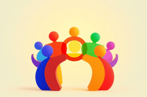 3D render of vibrant rainbow-colored shapes and overlapping circles symbolizing inclusivity and unity against a bright, warm background.