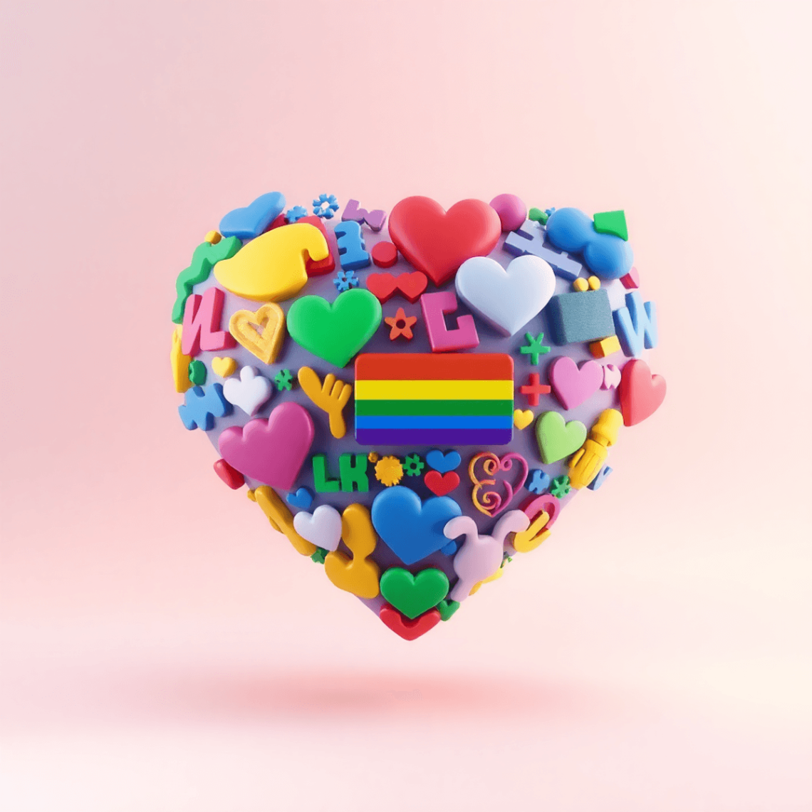 3D vibrant heart made of colorful abstract shapes and symbols on a soft gradient background with glowing effects, symbolizing inclusivity and moder...